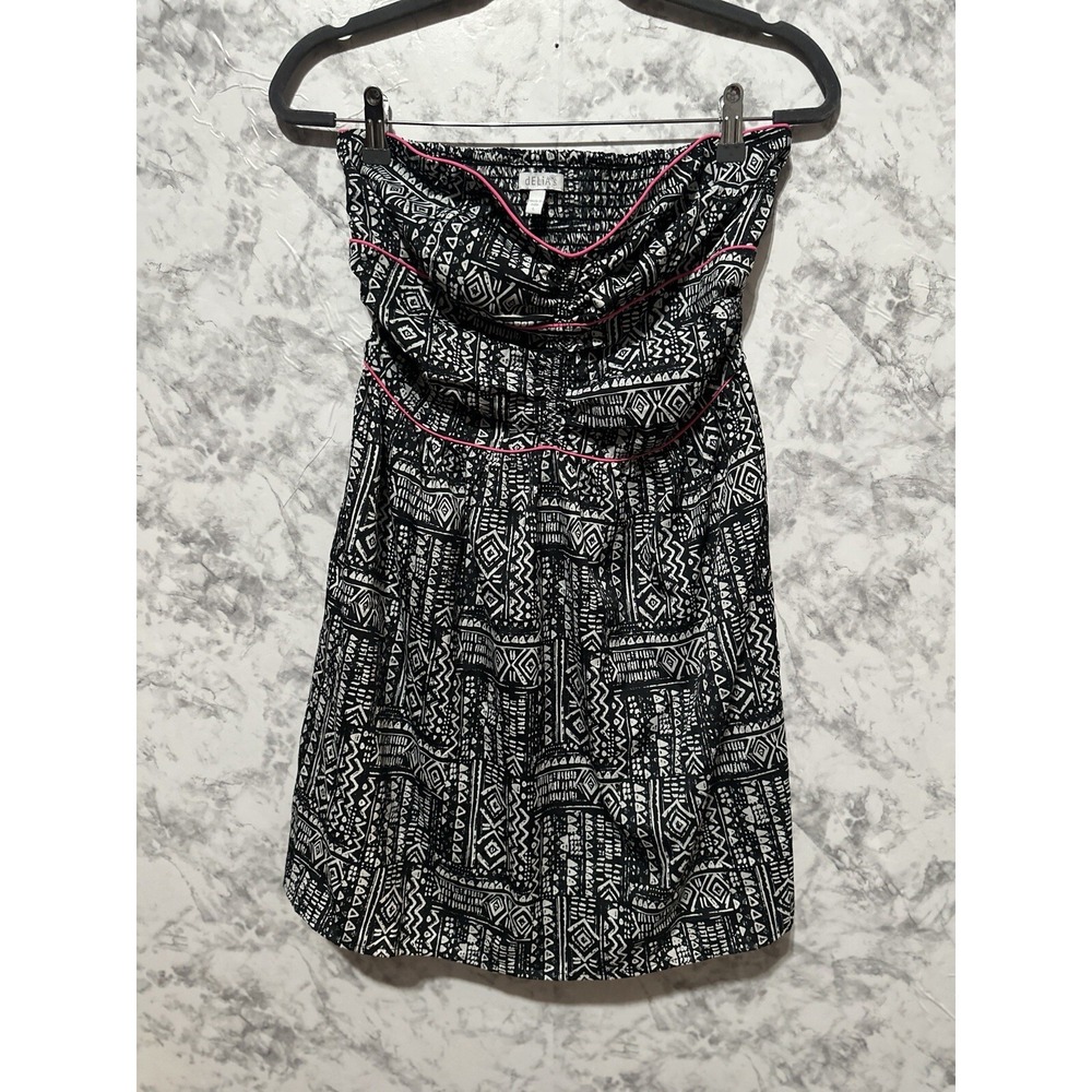 Delias Black White Tribal Print Strapless Mini Dress Empire Waist Large Pink
